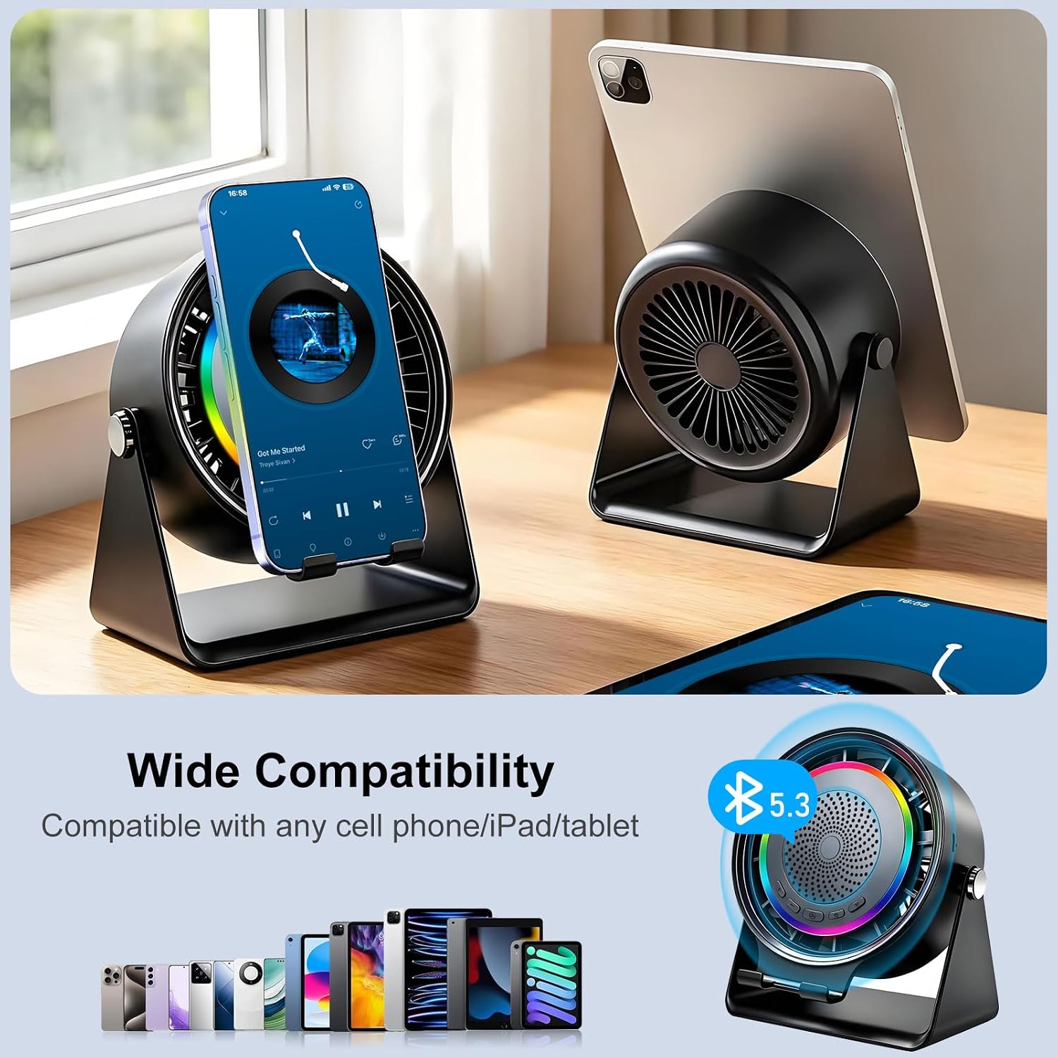 Gifts for Men Women, Wireless Bluetooth Speaker with Phone Stand, Desk Fans & RGB Lights, HD Sound Anti-Slip Base, Rechargeable (5000mAh), 360° Adjustable Phone Holder Cool Gadgets Birthday Gift - Image 5