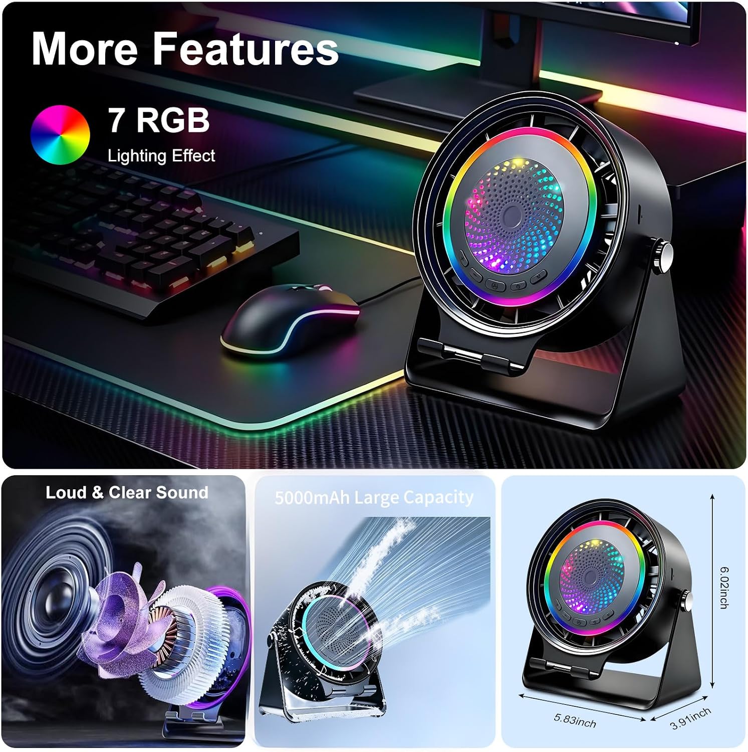 Gifts for Men Women, Wireless Bluetooth Speaker with Phone Stand, Desk Fans & RGB Lights, HD Sound Anti-Slip Base, Rechargeable (5000mAh), 360° Adjustable Phone Holder Cool Gadgets Birthday Gift - Image 6