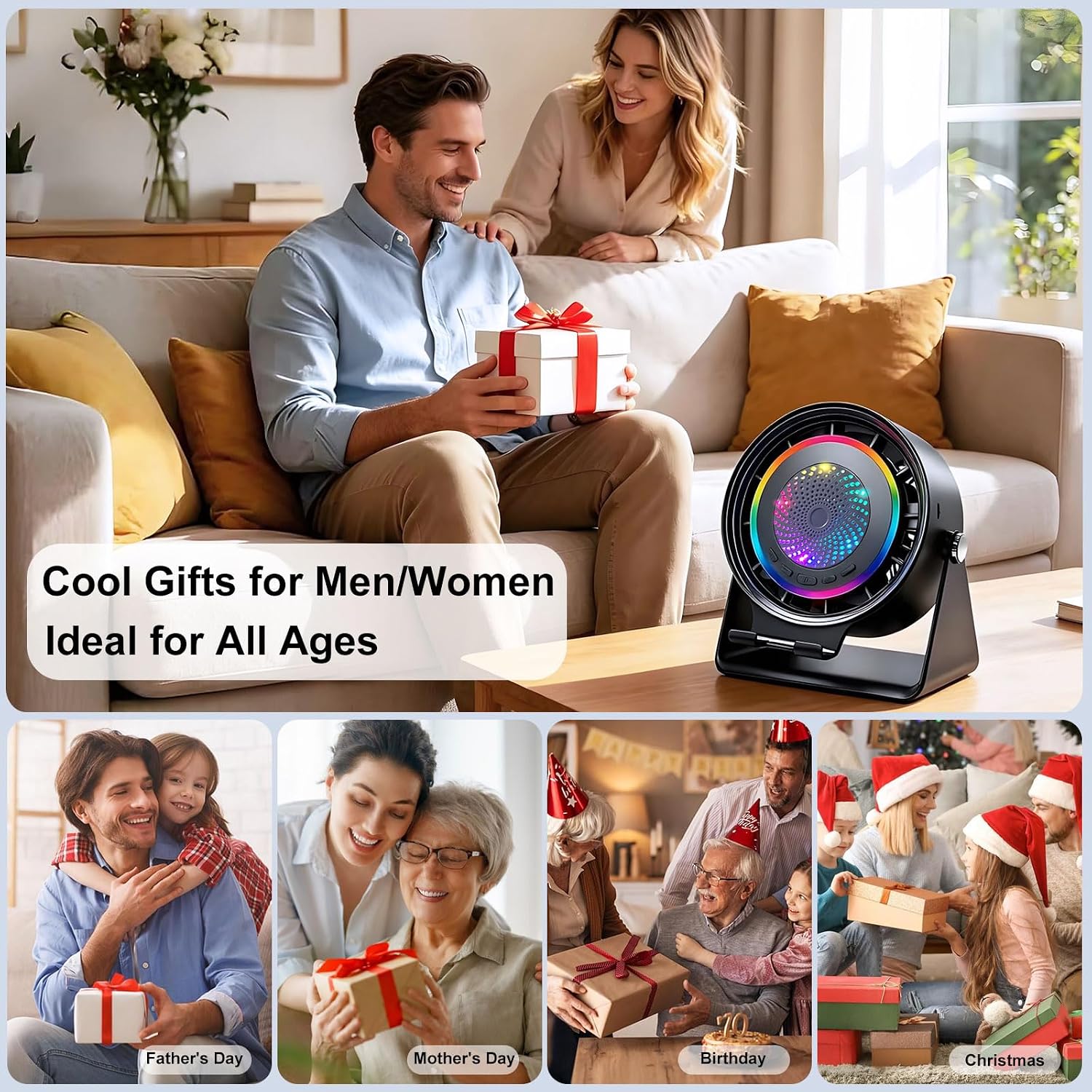 Gifts for Men Women, Wireless Bluetooth Speaker with Phone Stand, Desk Fans & RGB Lights, HD Sound Anti-Slip Base, Rechargeable (5000mAh), 360° Adjustable Phone Holder Cool Gadgets Birthday Gift - Image 7