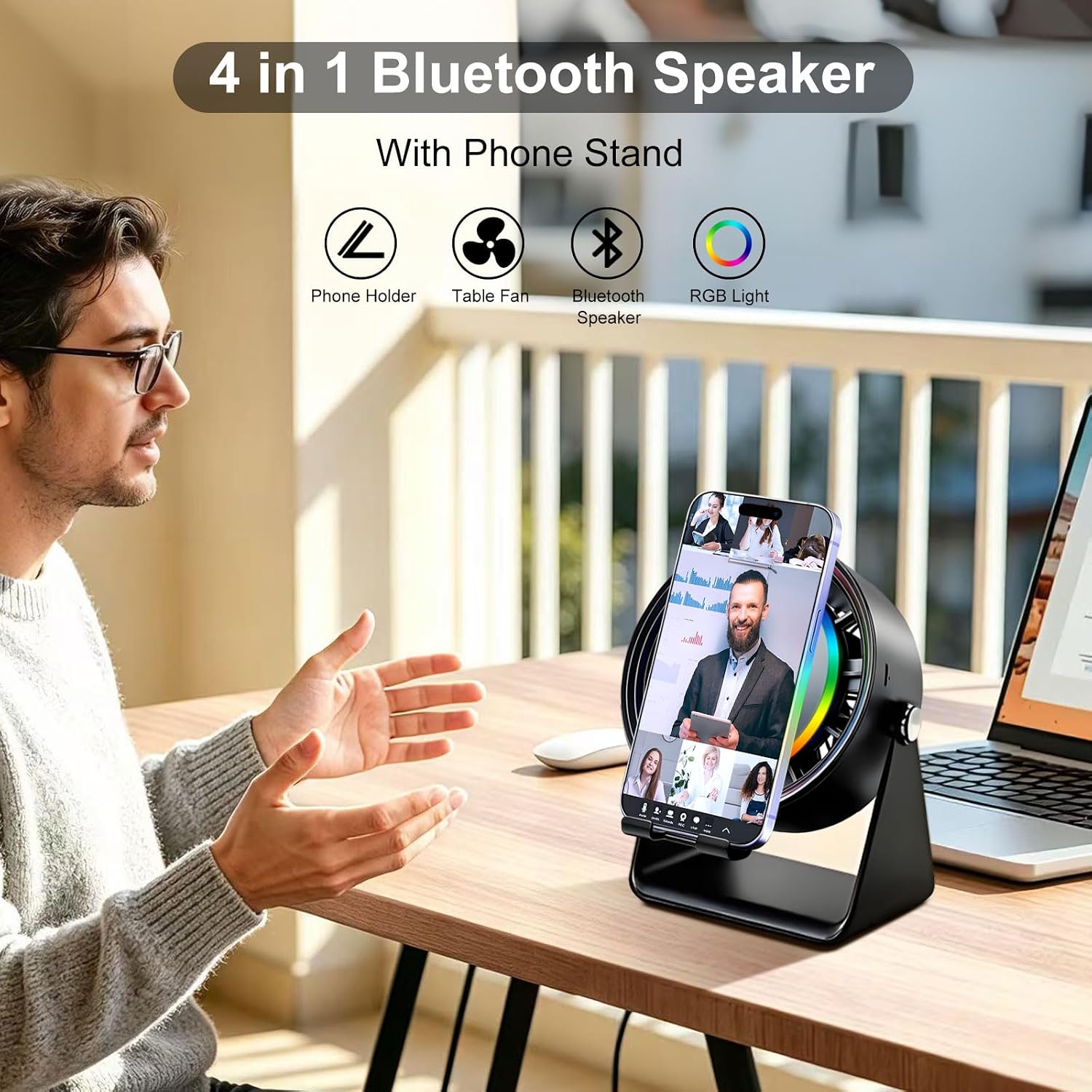 Gifts for Men Women, Wireless Bluetooth Speaker with Phone Stand, Desk Fans & RGB Lights, HD Sound Anti-Slip Base, Rechargeable (5000mAh), 360° Adjustable Phone Holder Cool Gadgets Birthday Gift - Image 8