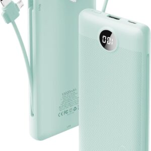 VRURC Portable Charger Built-in Cables and AC Wall Plug, USB C Power Bank 10000mAh, Travel Battery Portable Phone Charger Compact Lightweight External Battery Pack for Smart Phones, Tablets etc-Green