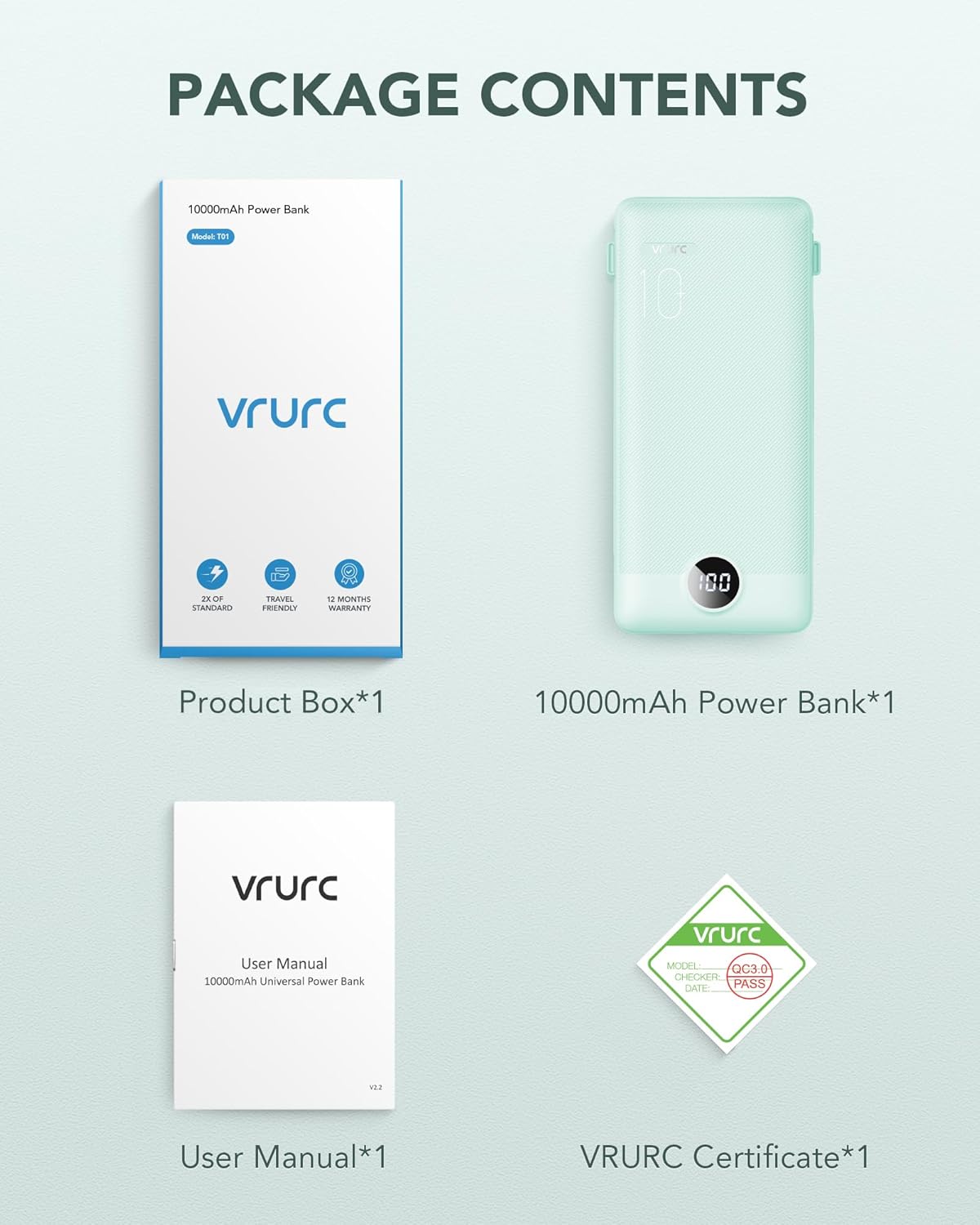 VRURC Portable Charger Built-in Cables and AC Wall Plug, USB C Power Bank 10000mAh, Travel Battery Portable Phone Charger Compact Lightweight External Battery Pack for Smart Phones, Tablets etc-Green - Image 8